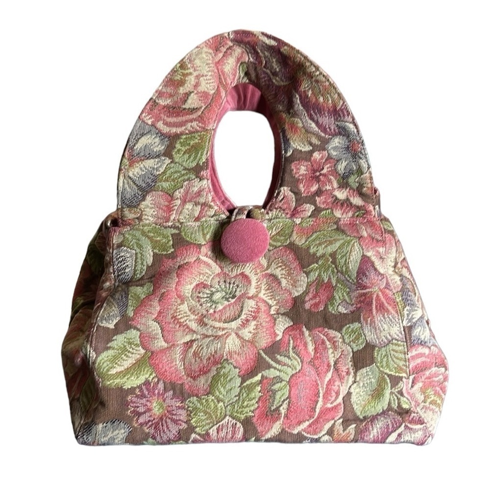 Floral Tapestry Large Tote Back with Rose Pink Faux Suede Trim Vintage